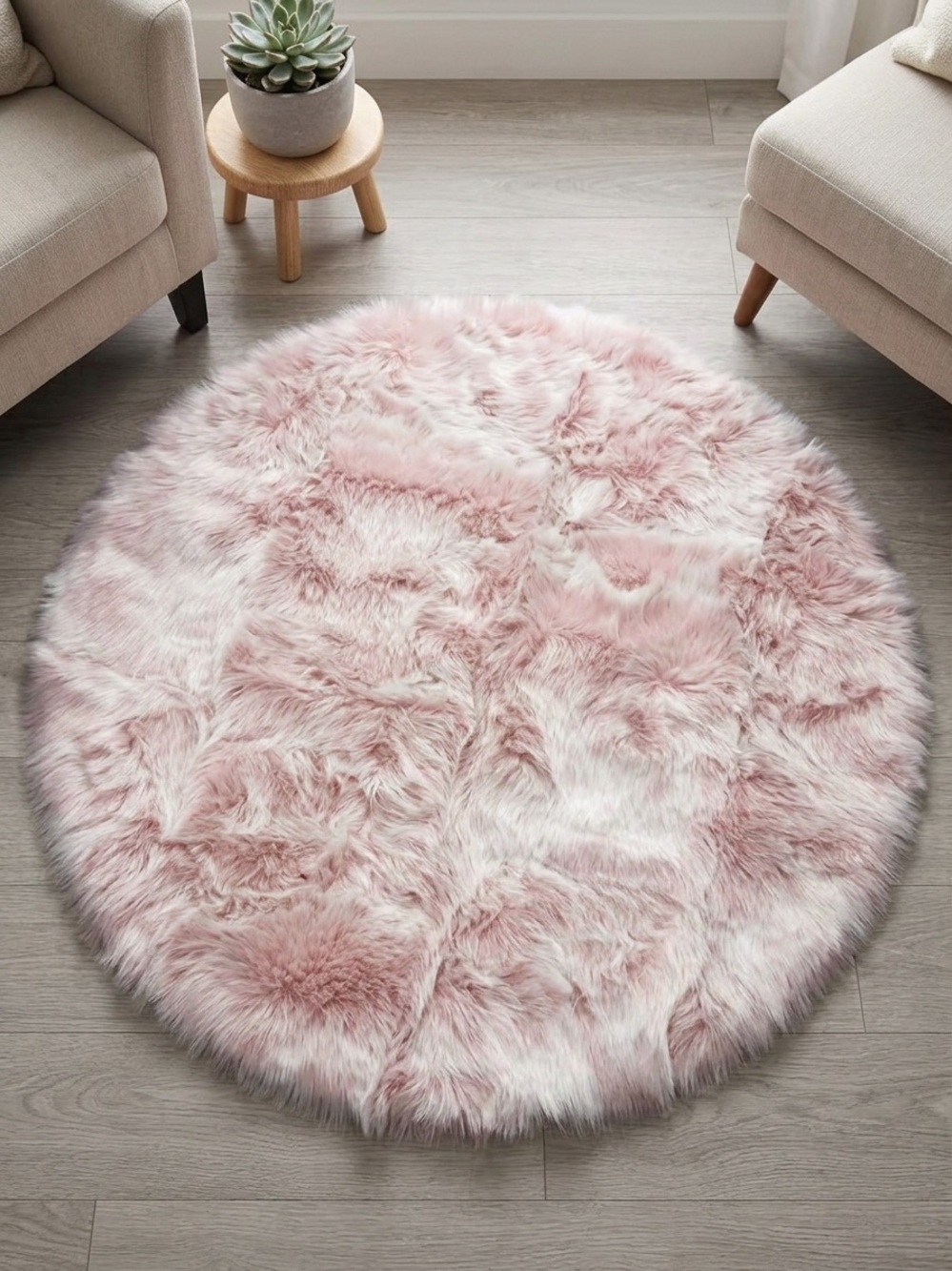 Ashler Home Deco Soft Fox Faux Fur Round Area Rug 3x3 Mauve Pink White NWT